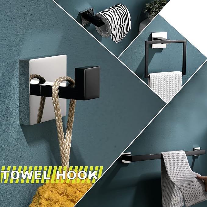 Bathroom Towel Bar Holder Sets Black and Polished 4-Piece Bathroom Hardware Set Stainless Steel Bath Accessories Kit. Wall Mounted,23.6 Inch