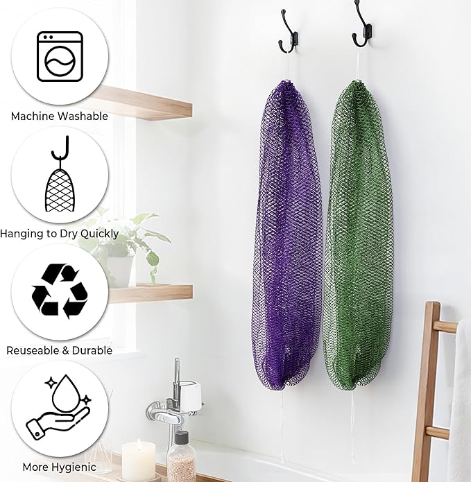 Loofah Sponge African Net Authentic - 2 Pieces Real African Exfoliating Sponge with Knots - African Net Wash Cloths for Body Scrubber Exfoliator Purple & Pink - Back Scrub for Shower Bath Accessories