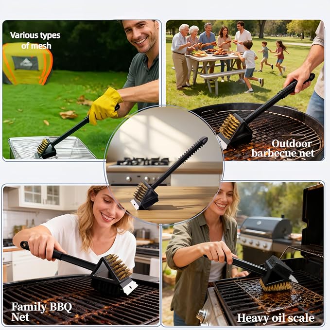 3-in-1 Grill Brush with Scraper & Scrub Pad, 14.5" Long Handle Brass Brush for BBQ Grill Cleaning, Heavy Duty Copper Bristles, Rust-Proof, Hanging Hook, Safe for Gas/Charcoal Grills