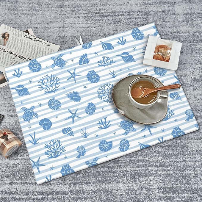 Beach Dish Drying Mat, for Summer Kitchen Counter Microfiber Absorbent, Ocean Sea Dish Draining Mat Extra Large 18"x24"