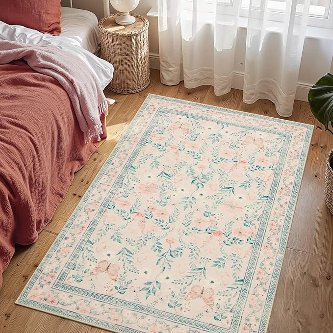 Floral Entryway Rug, 3x5 Washable Area Rug,Pink Boho Throw Rugs for Bedroom, Non Slip Low Pile Small Carpet, Girls Kids Room and Nursery Room