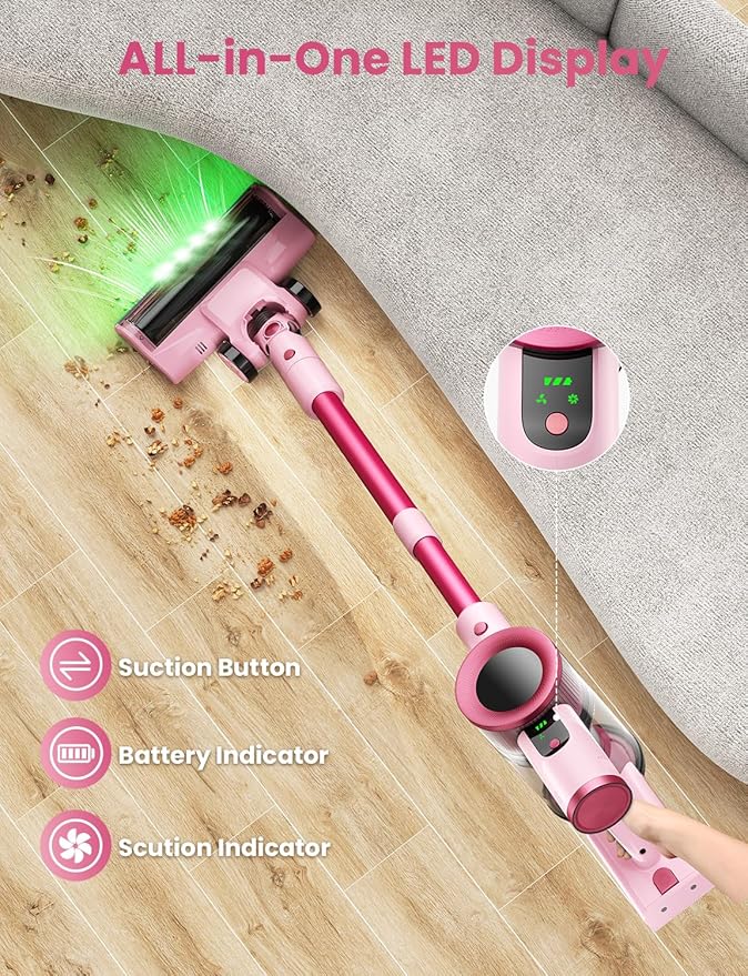 Dzaki Cordless Vacuum Cleaner, Stick Vacuum with Smart LED Display, 50KPA 55Mins Vacuum Cleaners for Home, Powerful Suction, Anti-Tangled Lightweight Rechargeable Vac for Pet Hair, Carpet