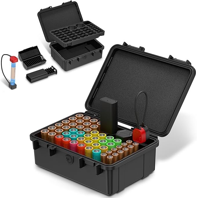 Hard Shell Battery Organizer Holder with Small Battery Tester, IP68 Waterproof Multi 82 Slots Batteries Vault Case for 40 AA & 12 AAA & 12 CR2032 CR2025 & 18 LR44 Button Cell/2 D Size Batteries Case