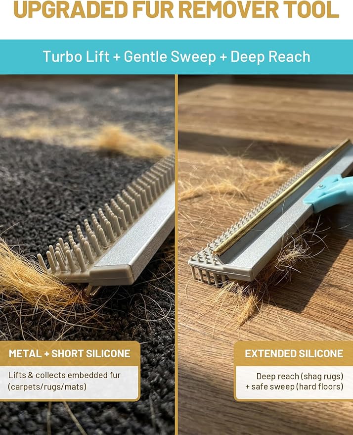 DELOMO Carpet Rake for Pet Hair Removal Carpet Scraper Broom with 54” Adjustable Long Handle, Dual-Sided, Metal + Short Silicone for Carpets & Rugs, Extended Silicone for Shag Rugs & Hard Floors