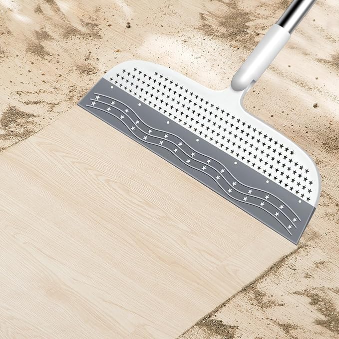 53.5-Inch White Rubber Broom Squeegee with 180 Rotating Head, Long Handle Multifunction Scraping Silicone Broom Floor Sweeper, Pet Hair Remover, Window, Mirrors, Tile Cleaning