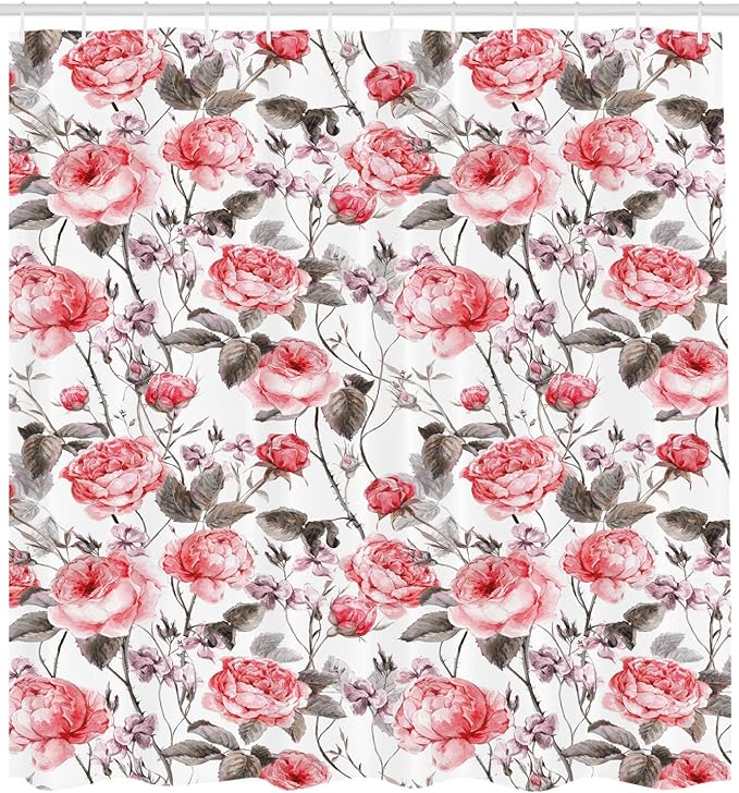 Ambesonne Rose Shower Curtain, Classic Vintage Floral Pattern Watercolor Style Bouquet of English Roses Wildflowers, Cloth Fabric Bathroom Decor Set with Hooks, 69" W x 84" L, Coral Taupe