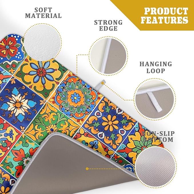 Mexican Tiles Dish Drying Mat for Kitchen Counter Absorbent Microfiber Dish Drying Pad Kitchen Gadgets Multi-use