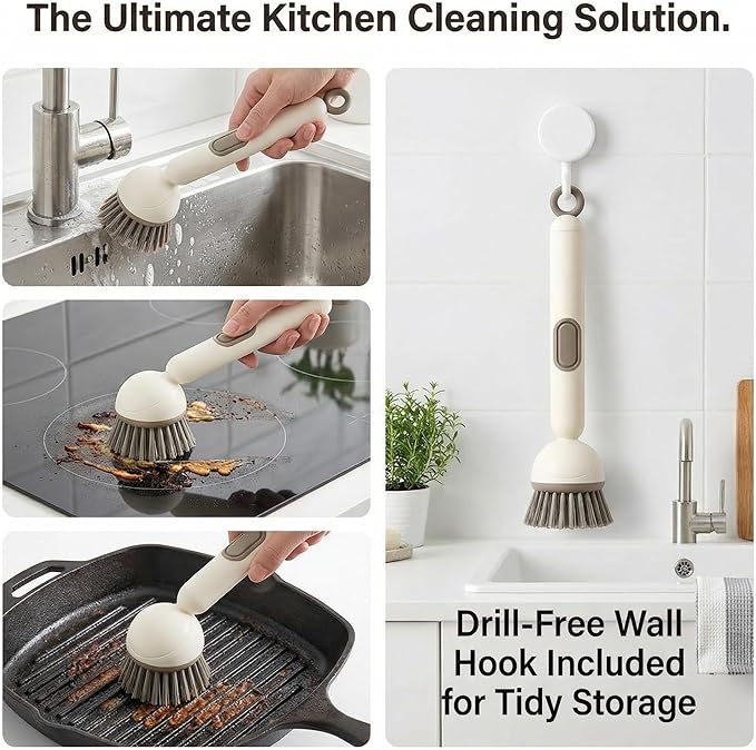 Soap Dispensing Dish Brush Set with 6 Adjustable Angles, No-Leak Kitchen Scrub Brush with Holder & Silicone Scraper, Heavy Duty Dish Wand for Pots, Pans, Sink & Countertop
