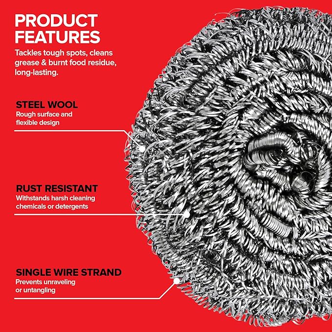 Stainless Steel Scrubber (12 Pack) Stainless Steel Wool Scrubber Sponge for Cleaning Dishes, Cast Iron Pots and Pans, Grills and Appliances, Heavy Duty Stainless Steel Scouring Pad for Tough Residue