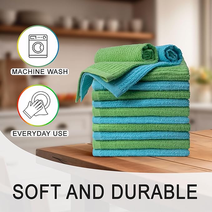 Textila Bar Mop Towels 16x19 Inch – Green - Turquoise – Pack of 12, Cotton Dish Cloths & Cleaning Towels for Kitchen, Bar, Restaurant, Household Use – Absorbent, Durable, Reusable