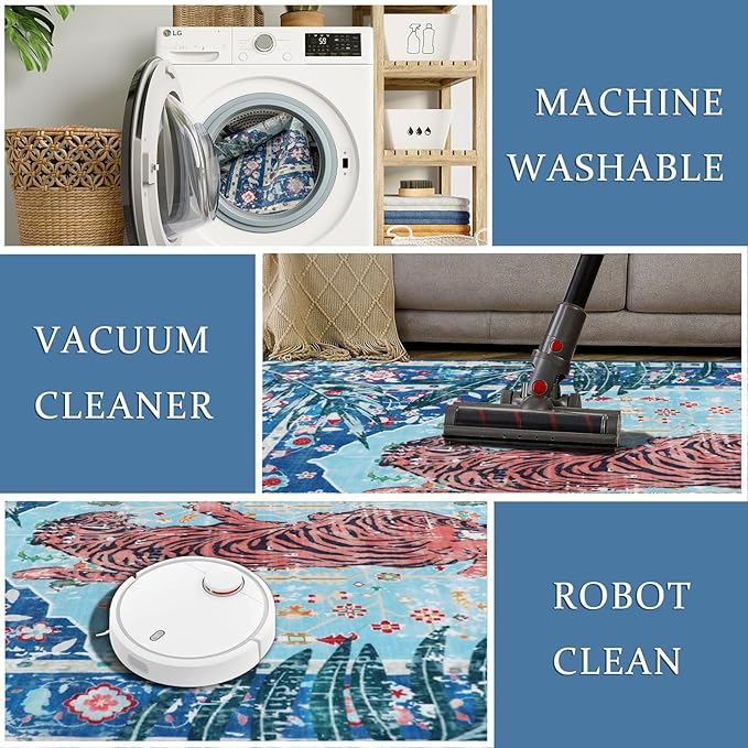 4x6 FT Leopard Rug for Living Room Vintage Animal Rug Aesthetic Rugs for Girls Room Nursery Bedroom Home Office Dorm Thin Bright Blue Carpe (Blue, 4X6 FT)