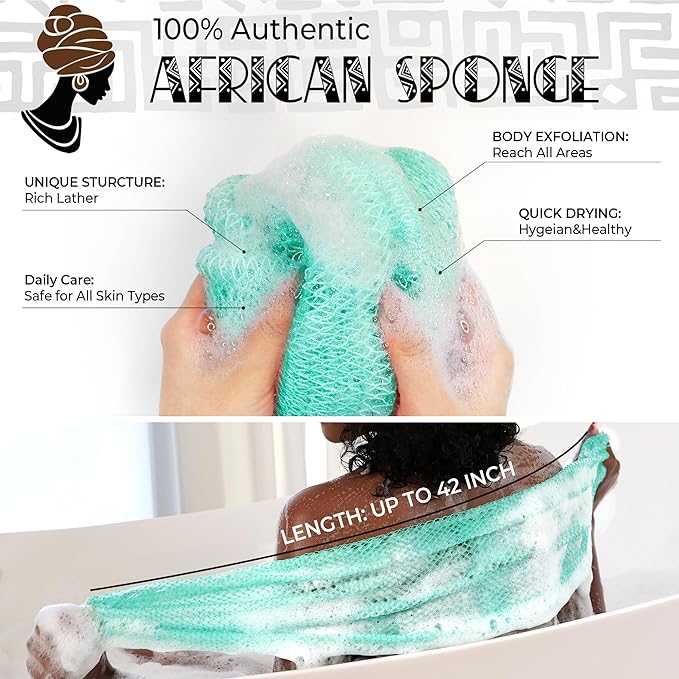 Authentic African Net Sponge 2 Pieces - Back Scrubber for Body - Seawave & Lilac Exfoliating Washcloth with Knots for Shower - Shower Exfoliator for Women Self Care Body Loofah Bath Essentials