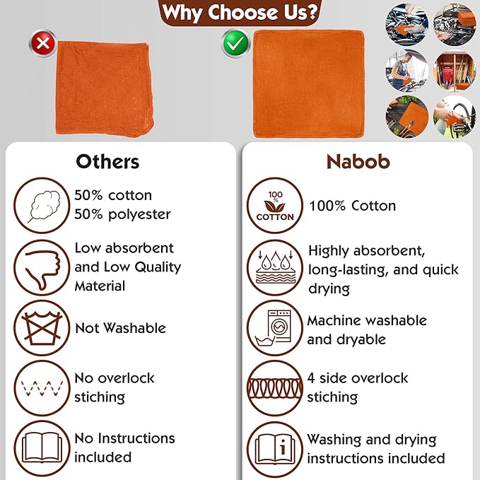 Nabob Wipers Auto Mechanic Shop Towels 25 Pack Bulk Shop Rags 100% Cotton Size 14"x14" Commercial Grade (25 Pack, Orange)