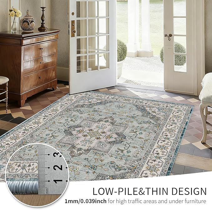 Area Rugs 5x7, Washable Rugs for Living Room, Bedroom, Blue Floral Rug, Vintage Boho Indoor Soft Carpet for Dining Room, Low Pile Rugs for Office, Farmhouse