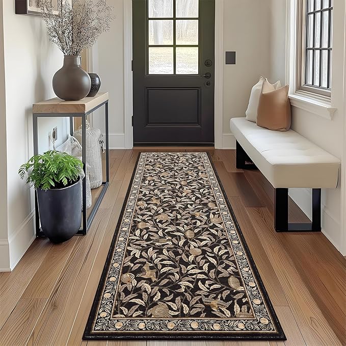 GarveeHome 2x6 Runners for Hallways Non Slip, Boho Leaf Kitchen Runner Rug Washable Rugs for Bedroom, Low Pile Soft Brown Runner Botanical Bird Rug for Dorm Entryway Laundry Room Bedroom