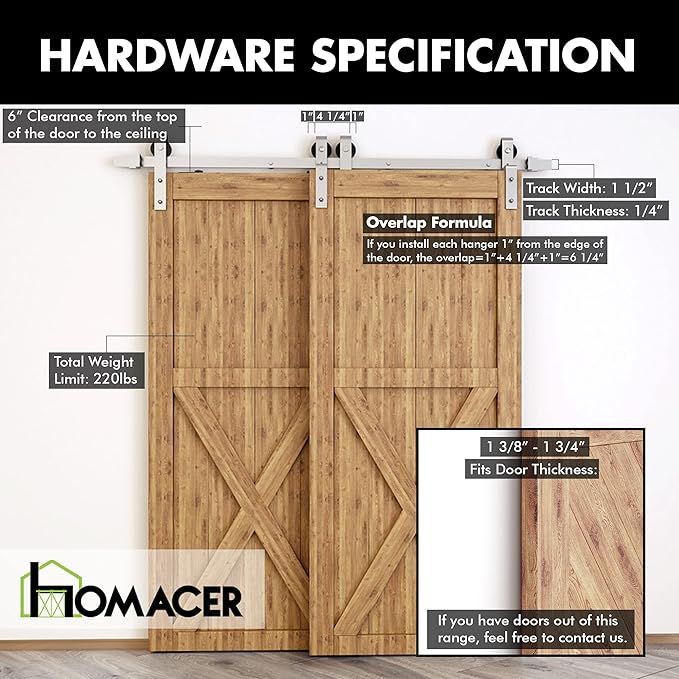 Homacer Brushed Nickel Single Track Bypass Sliding Barn Door Hardware Kit, for Two/Double Doors, 4ft Long Flat Track, Classic Design Roller,