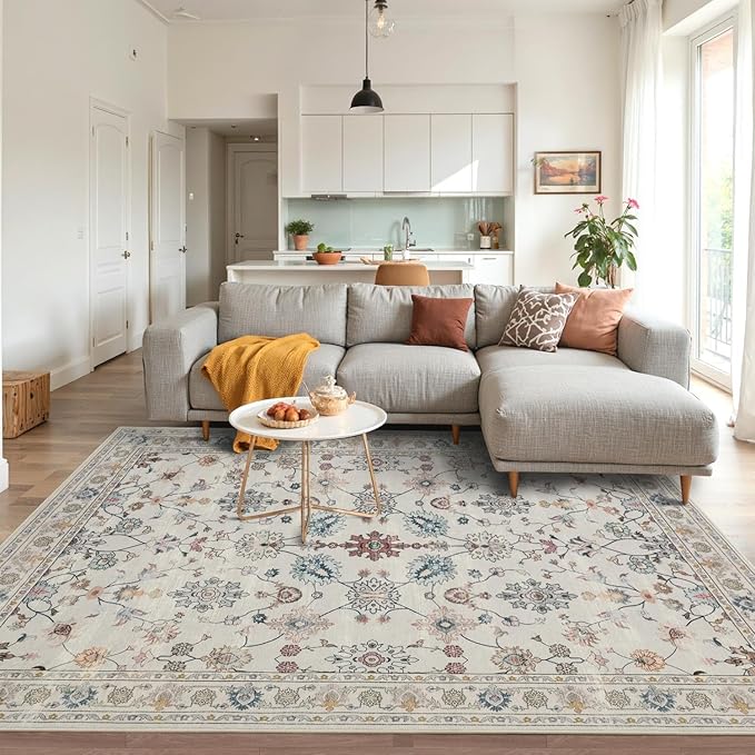 Floral Rug for Living Room Bedroom, 4x6 Washable Rug, Vintage Boho Area Rug, Large Non Slip Low Pile Wool Carpet for Indoor Dining Room,Girls Room,Nursery Room and Kids Room(Ivory Green 4x6ft)