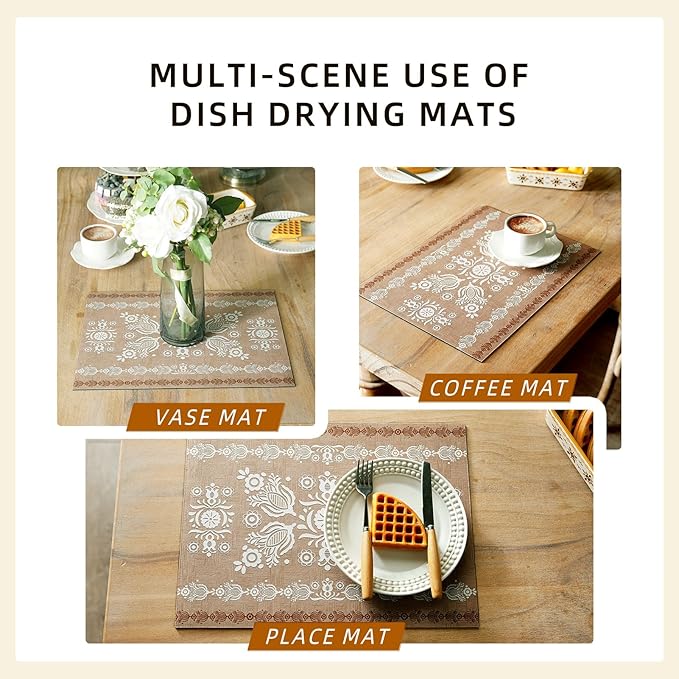 Dish Drying Mat Damask Absorbent Coffee Mat Rubber Backed Moroccan Soft Silicone Kitchen Dish Draining Mat for Kitchen Bathroom Coffee Bar (Damask, 16 x 24 Inches)
