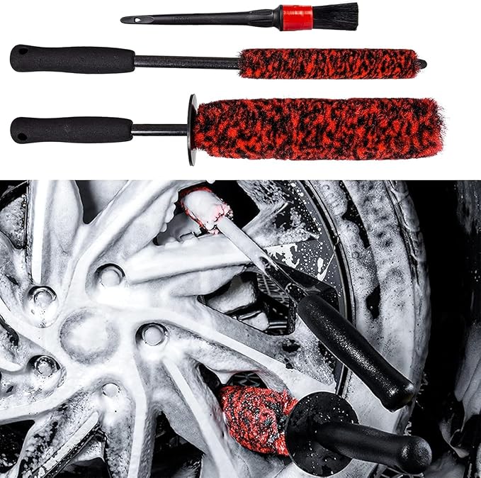 3 Pcs Soft Wheel Brushes for Cleaning Wheels Kit - 1x Synthetic Soft Car Wheel Rim Brush，1x Long Handle Cleaning Brush and 1x Car Detail Brush, Clean Dirty Wheel…