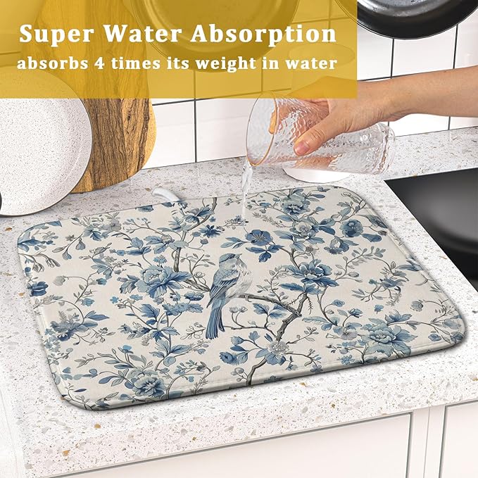 Chinoiserie Trees Dish Drying Mat for Kitchen Counter,Bule Bird Flowers Drying Mat 16 x 18 Inch with Absorbent Reversible Microfiber Drying Pad for Coffee Bar