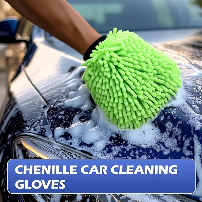 4Pcs Car Wash Mitt Microfiber Gloves Chenille Material Microfiber Towels for Car Washing Supplies Kit Scratch Free Cleaning Sky Blue + Green