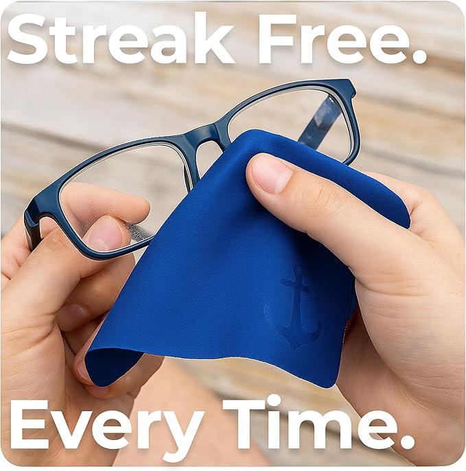 Anchor Glasses Cleaning Cloth - Ultra Soft Premium Microfiber Lens Cloths for Eyeglasses, Camera, Cell Phone, Screens - Anti-Streak, No Scratch Eye Glasses Cleaner Wipes - 3 Pack (2 Black, 1 Blue)