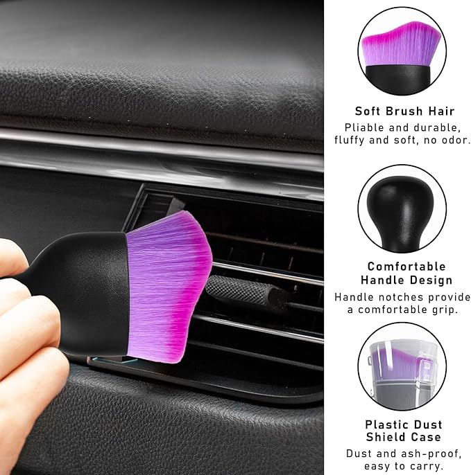 2PCS Car Interior Dust Brush, Soft Scratch Free Auto Detailing Brushes, Universal Vehicle Interior Cleaning Tool for Automotive Dashboard, Air Vents, Leather (Double Purple)