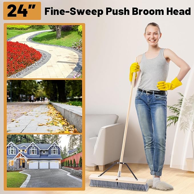 Maxdot 2 Pcs 24” Fine-Sweep Push Broom Head, Threaded Wood Block with Broom Brace for Outdoor Indoor