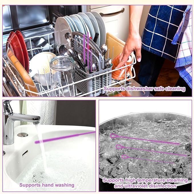 3pcs Silicone Straw Cleaner Brush Set, Reusable Extra Long Drinking Straw Cleaning Accessories Brush with 3mm 6mm 9mm Multi-Size Cleaning Tools for Stanley (Purple)