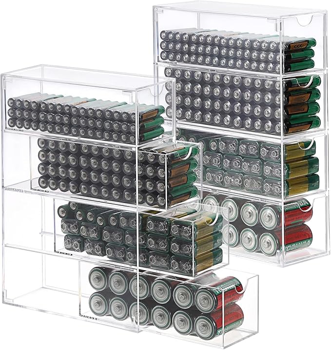 BTSKY 2 Pack Clear Acrylic Battery Storage Organizer for AA, AAA, 9V, C Batteries, 4-Drawer Storage Box Battery Holder Organizer for Common Types Batteries, Household Container(Batteries Not Included)