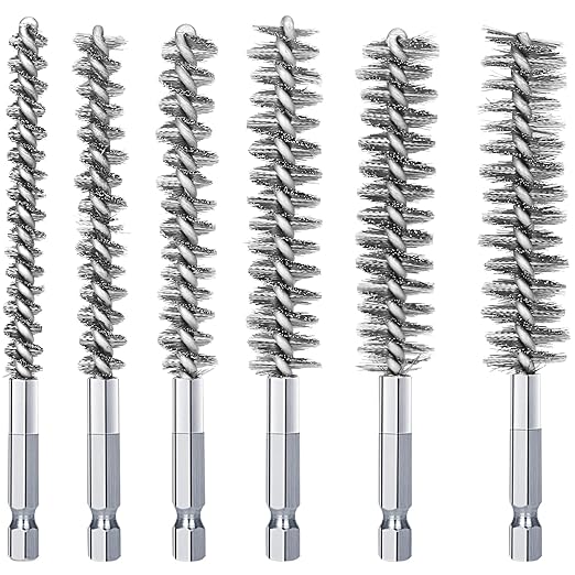 6Pcs Stainless Steel Bore Brush in Different Sizes Twisted Wire Cleaning Brush with Handle 1/4 Inch Hex Shank for Power Drill Impact Driver
