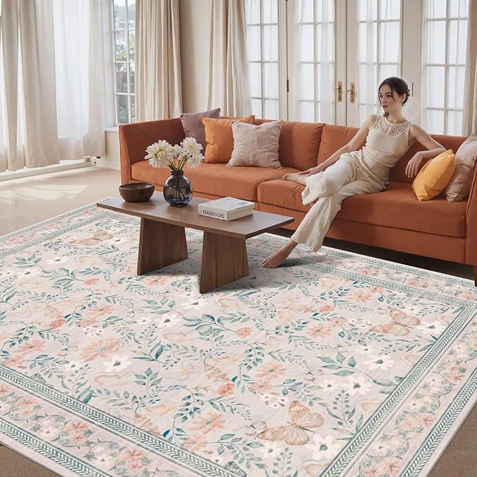 8x10 Pink Rugs for Bedroom Girls, Floral Washable Rug,Boho Area Rug, Large Non Slip Low Pile Flower Carpet for Indoor Dining Room,Girls Room,Nursery Room and Kids Room(Pink 8x10ft)