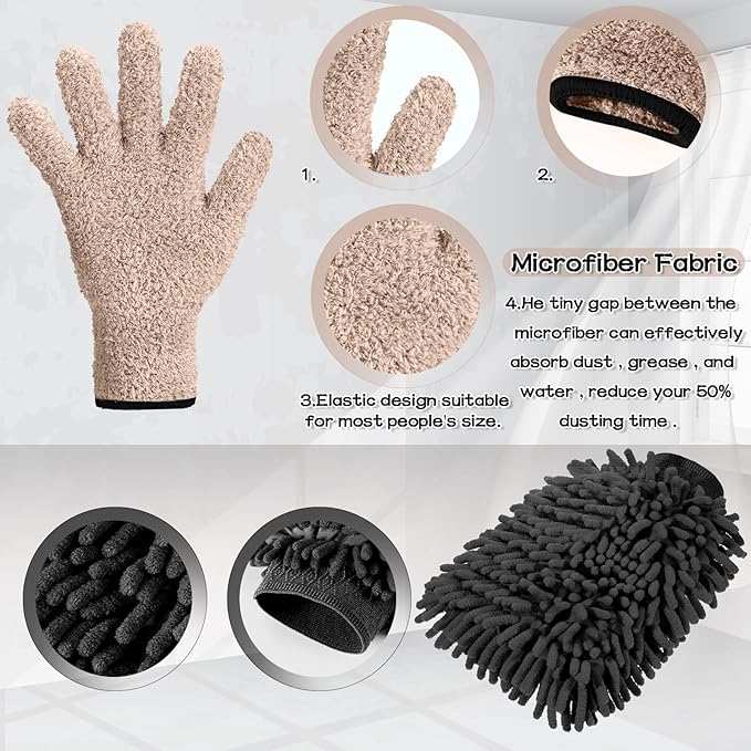 6 Pcs Microfiber Dusting Mitt Gloves for Plants Washable Dusting Gloves for House Cleaning Furniture Car Washing
