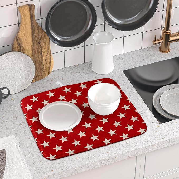 Patriotic July of 4th Red Star Dish Drying Mat for Kitchen Counter 16x18 Memorial Independence Day Absorbent Reversible Microfiber Drying Mats Kitchen Countertop Protector Dishes Drainer Rack Pad