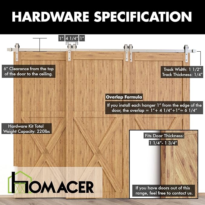 Homacer Brushed Nickel Single Track Bypass Sliding Barn Door Hardware Kit, for Three Doors, 14ft Long Flat Track, Classic Design Roller, (2 Flat+ 1 Bent Roller Set)