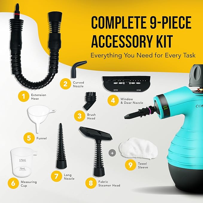 Comforday Multi-Purpose Handheld Pressurized Steam Cleaner with 9-Piece Accessories, Handheld Steamer Perfect for Stain Removal, Curtains, Car Seats, Floor, Bathroom, Window Cleaning (Light blue)