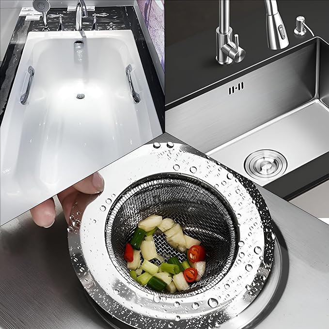 3PCS 4.5" Kitchen Sink Strainer, Stainless Steel Drain Strainers with Wide Rim, Non-Clogging Basket Filter for Kitchen, Bathroom, Utility Sinks