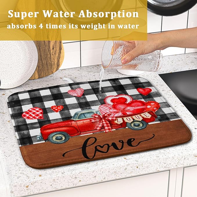 Valentine's Day Red Heart Truck Dish Drying Mat for Kitchen Counter,Black White Buffalo Plaid Love Drying Mat 16 x 18 Inch with Absorbent Reversible Microfiber Dish Drying Pad for Coffee Bar