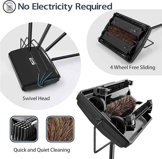 JEHONN Carpet Floor Sweeper Manual with Horsehair, Non Electric Quite Rug Roller Brush Push for Cleaning Pet Hair