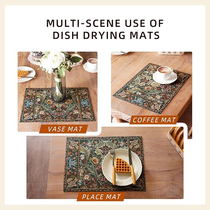 Dish Drying Mat Paisley Absorbent Coffee Mat Rubber Backed Bohemian Soft Silicone Kitchen Dish Draining Mat for Kitchen Bathroom Coffee Bar (Paisley Black, 12 x 16 Inches)