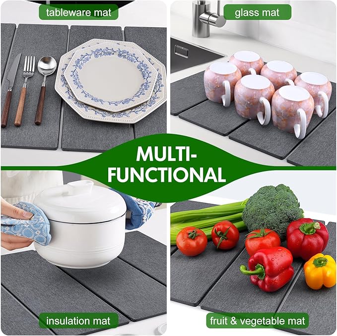 Stone Dish Drying Mat for Kitchen Counter, Foldable Diatomaceous Earth Large Dry Mats Grey 24"×16"