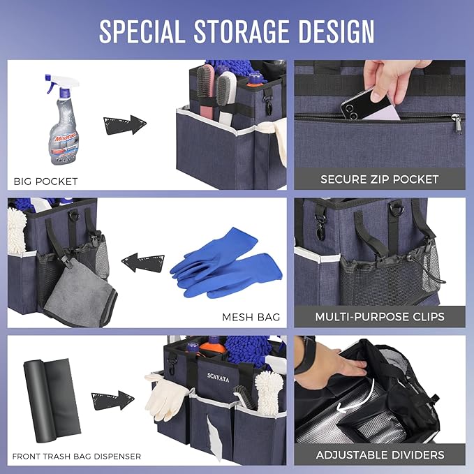 Wearable Caddy Bag, Cleaning Supplies Organizer With Handle & Shoulder Straps for Housekeepers, Under Sink & Car Tool Organizers With 4 Foldable Divider (NavyBlue)