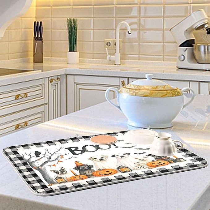 Halloween Dogs Dish Drying Mat for Kitchen Countertop 18x24 Raven Bat Pumpkin Black Buffalo Plaid Large Drying Mat Reusable Quick Dry Dish Sink Mats Easy Clean Decorative Essentials