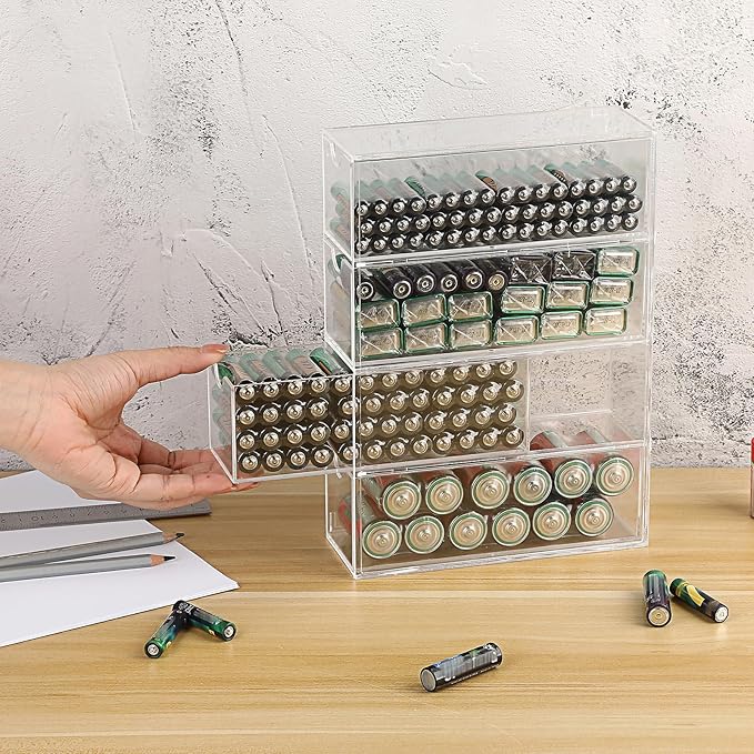 BTSKY 1 Pack Clear Acrylic Battery Storage Organizer for AA, AAA, 9V, C Batteries, 4-Drawer Storage Box Battery Holder Organizer for Common Types Batteries, Household Container(Batteries Not Included)