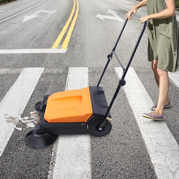 Walk Behind Outdoor Push Sweeper, 26 Inch 15L Walk-Behind Outdoor and Indoor Push Carpet Sweeper with Dual Side Broom Fold-Flat Manual Industrial Push Cleaner for Street Garden Warehouse