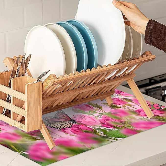 Pink Roses Flowers Dish Drying Mat for Kitchen Counter Decor,Butterflies Dish Drying Rack Pad Absorbent Reversible Microfiber for Coffee Tableware Sink Countertop 18x24 Inch
