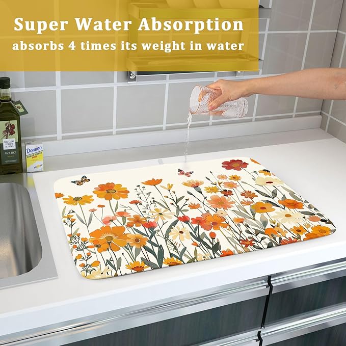 Fall Orange Wildflower Dish Drying Mat for Kitchen Counter,Autumn Floral Butterflies Drying Mat 18 x 24 Inch with Absorbent Reversible Microfiber Dish Drying Pad Dish Pad for Coffee Bar