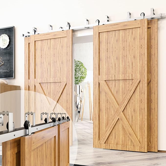 Homacer Brushed Nickel Double Track U-Shape Bypass Sliding Barn Door Hardware Kit, for Four Doors, 8ft Long Flat Track, T-Shape Design Roller