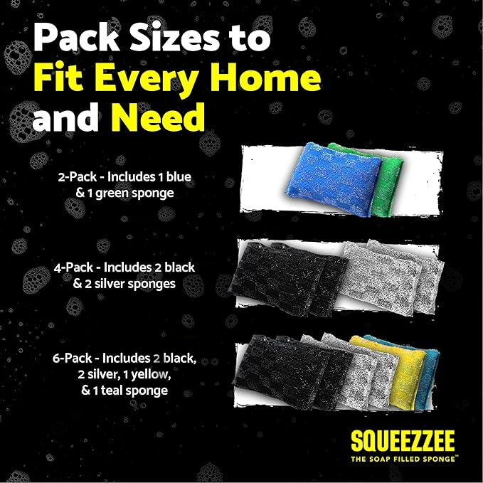 Squeezzee Soap Filled Scrubber Sponges 2-Pack - Non Scratch Scrubbing Sponge with Built-in Dishwashing Liquid Dish Soap, Double Sided Kitchen Cleaning Scrubbers, Up to 300 Washes Per Sponge