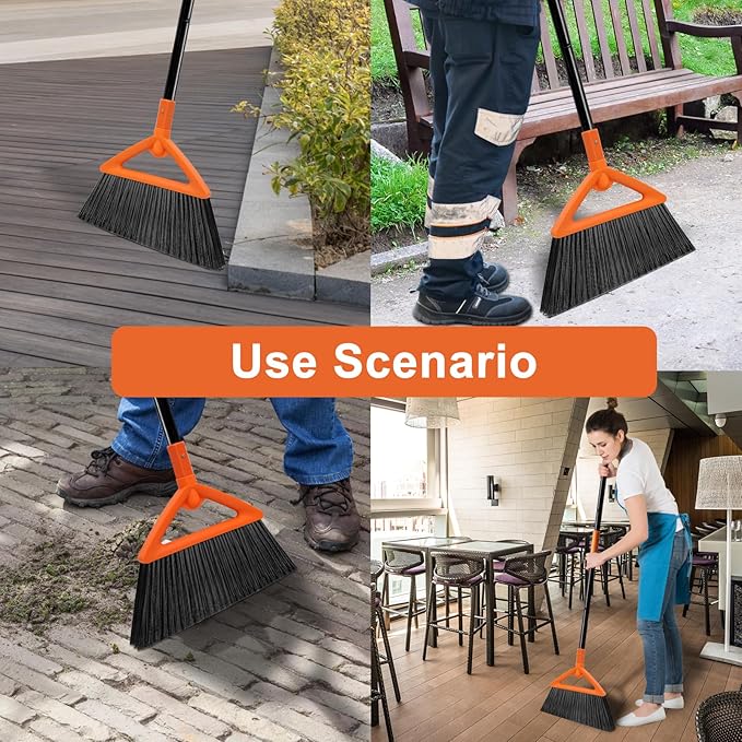 Heavy Duty Angle Broom 1 Pack - Orange Broom for Outdoor & Indoor, Garage, Driveway, Sidewalk, Kitchen & More, Long Handle